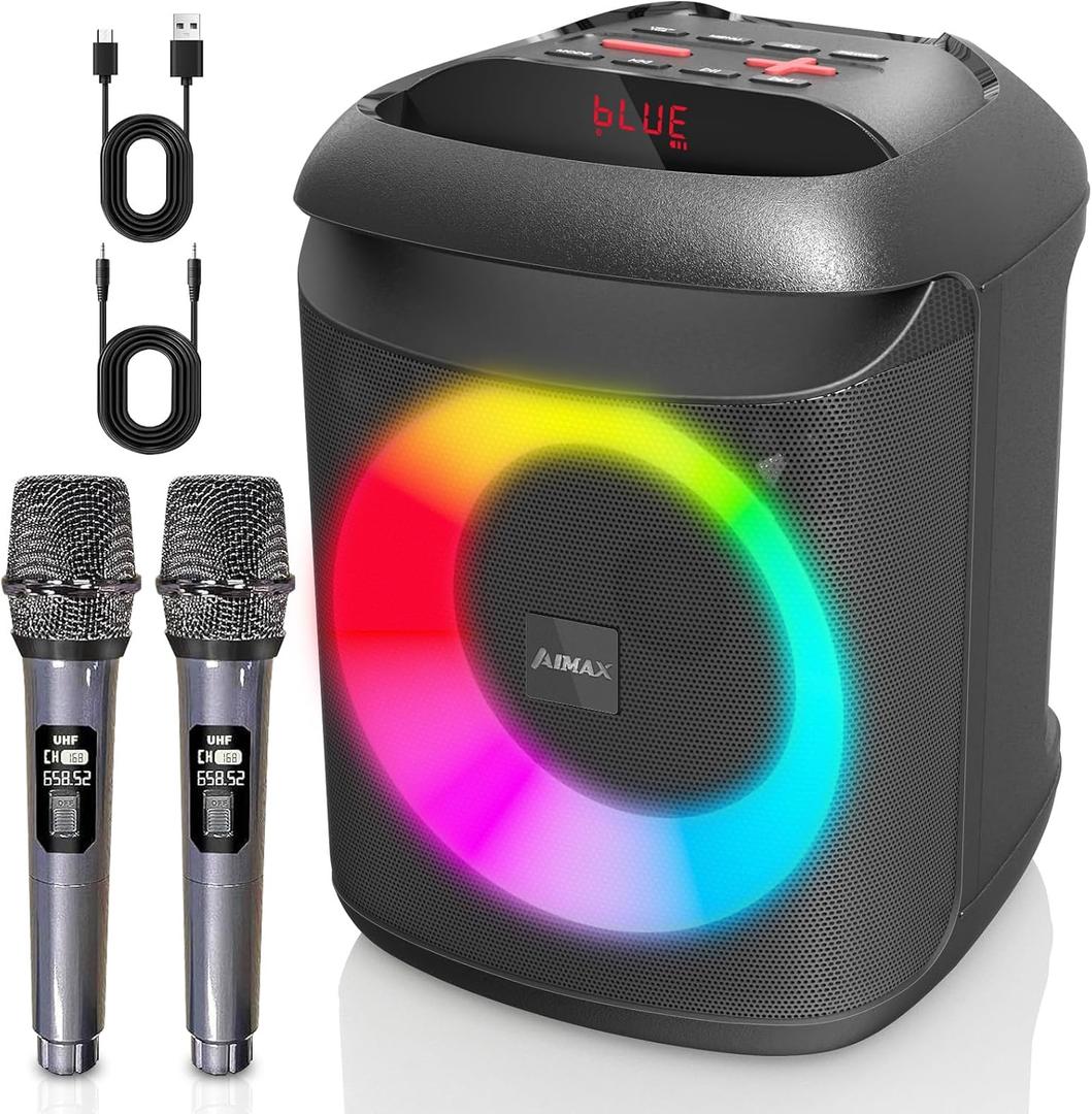 AIMAX Karaoke Machine with 2 Wireless Microphones, 6.5" Portable Bluetooth PA Speaker System for Kids & Adults, RGB Party Lights, Supports TF/USB/AUX, Ideal for Home, Classroom & Outdoor Party, Black