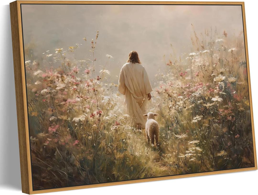 VONFRAENIT Jesus Leaves the 99 Sheep Canvas Wall Art The Lost Sheep Bible Stories Wall Decor Pictures Christian Wildflowers Painting for Bedroom Prayer Room Church Home Decoration