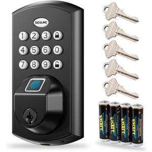 DESLOC A100F Keyless Entry Door Lock, Keypad Fingerprint Door Lock, Smart Lock Deadbolt for Front Door, Easy Installation, Emergency Power Port,12 Months Battery, IP54 Waterproof, 5 Keys