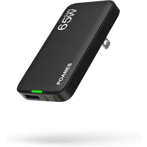 65W GaN USB C Charger, 3-Port Flat USB C Wall Charger with USB A, Fast Charging, Slim, Foldable Plug for MacBook Air, iPad Pro, iPhone 17/16/15 Series, Galaxy(Black-65W)