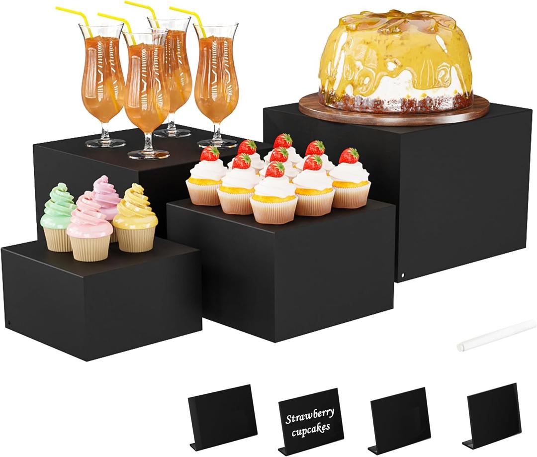 Metal Buffet Risers,4PCS Food Risers for Buffet Table 5in to 8in Display Stand with Mini Acrylic Signs for Catering Dessert Collectibles Jewelry Figures Show Matte Black Cube Boxes Nesting Risers with Hollow Bottoms