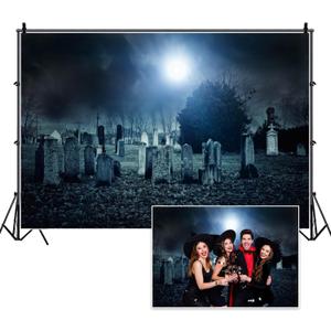 8x6ft Halloween Gloomy Graveyard Backdrop Scary Tombstone Under The Dark Night Moonlight Creepy Cemetery Banner for Ghost Party Haunted House Door Window Wall Porch Garage Decoration