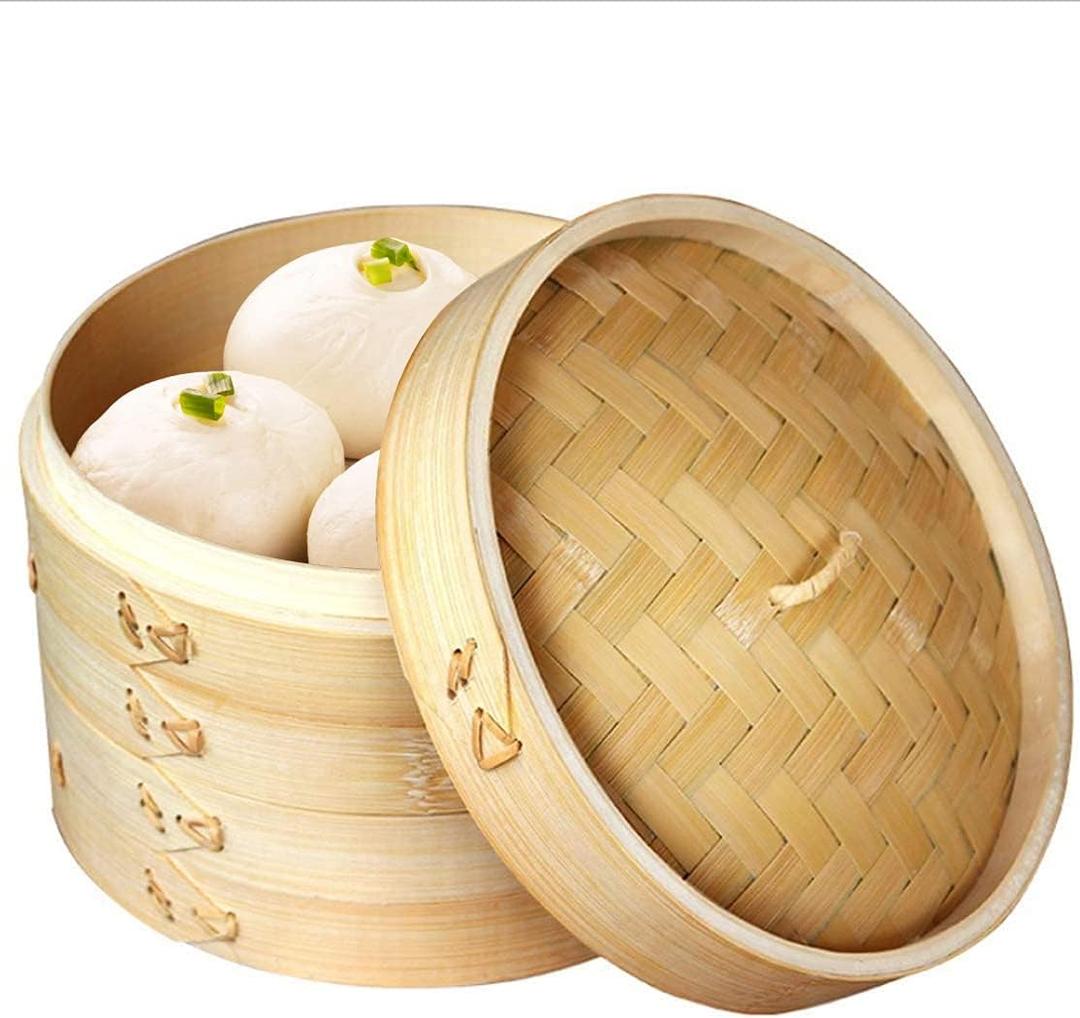 Handmade Steam Basket Bamboo Steamer 10 Inch, 2 Tiers Chinese Food Bamboo Steamers for Cooking, Steam Baskets Dumplings Vegetables Chicken Fish Rice, Reusable 2 Gauze Liners and Chopsticks