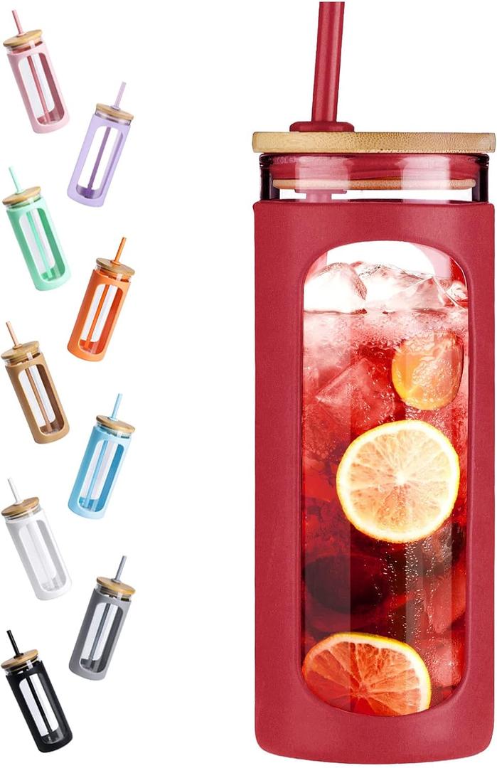 Kodrine 20oz Glass Water Tumbler with Straw and Lid, Bamboo Lids Water Bottle, Iced Coffee Cup Reusable, Wide Mouth Smoothie Cups with Protective Silicone Sleeve BPA FREE-Red