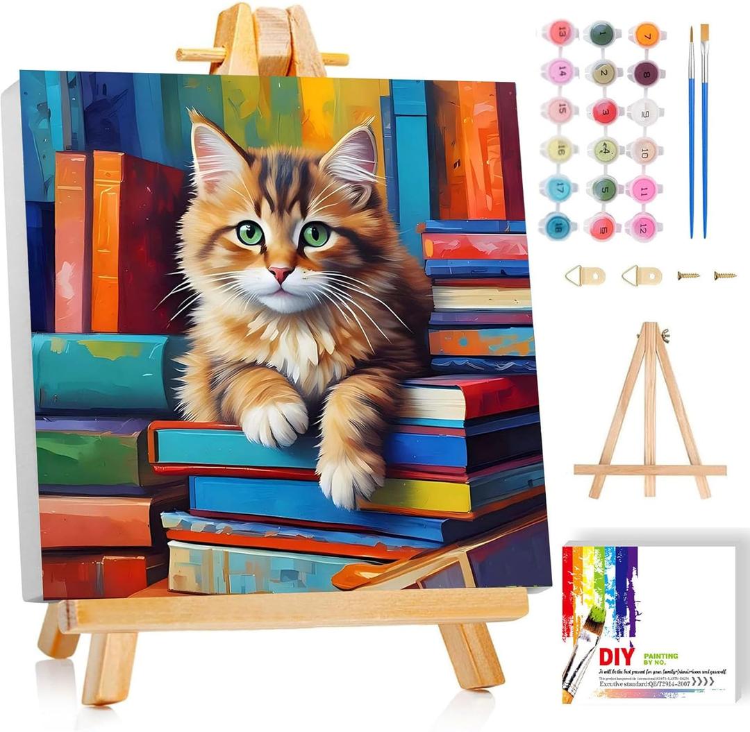 ajepon Cat Paint by Numbers Kit for Kids with Frame - Cute Cat Paint by Number for Kids, Cats Kid Painting by Number Kits Age 6-8 for Home Wall Decor 8X8inch (with Wooden Easel)