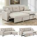 Sectional Sleeper Sofa with Pull Out Bed, L Shape Convertible Linen Couch with Storage Chaise, 2 in 1 Pull Out Sofa Bed with 2 Seats, for Living Room, Apartment, Beige