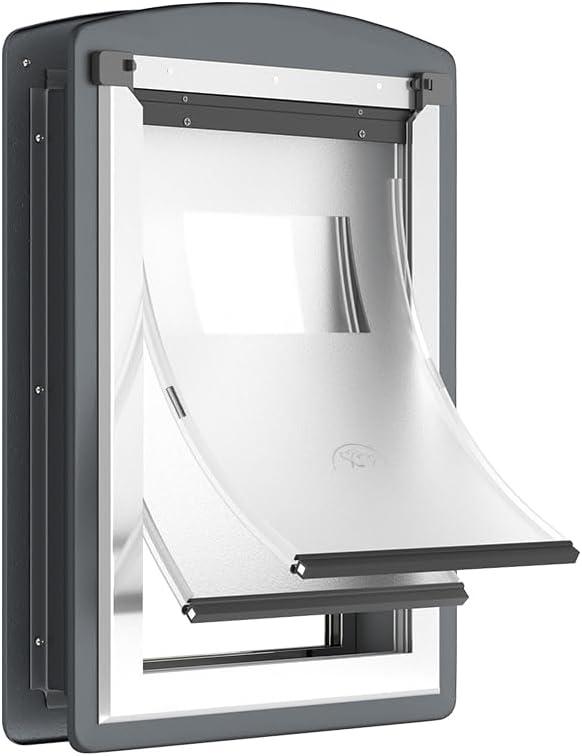 [MAVRICPOWER] Steel Medium Dog Door for Door, Doggie Door with Two Sliding Panels for Extreme Weather,Never Rust Pet Door for Small Dog and Large Cat Up to 40 lbs (Gray)