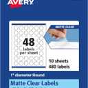 Avery Matte Clear Round Labels, Sure Feed Technology, 1" Diameter, 480 Matte Clear Labels, Print-to-The-Edge, Laser/Inkjet Printable