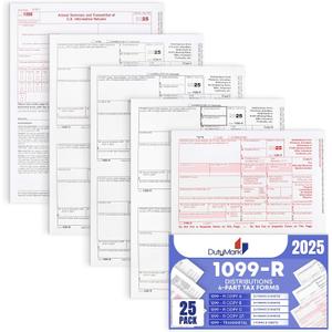 1099-R Tax Forms 2025 (distributions) 25 Sets of 4-Part, Laser Forms, Federal and State Copies (2 Forms on a Sheet) with 3 1096 Transmittals, 2025