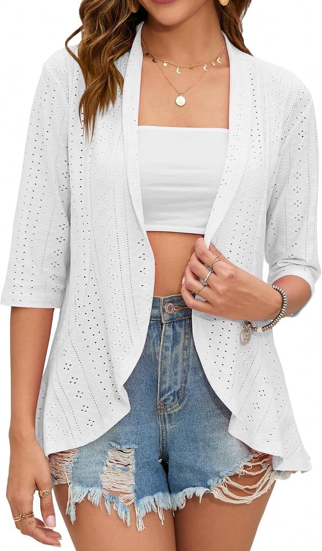 Women's Open Front 3/4 Sleeve Soft Drape Ruffles Cardigan Jacket M