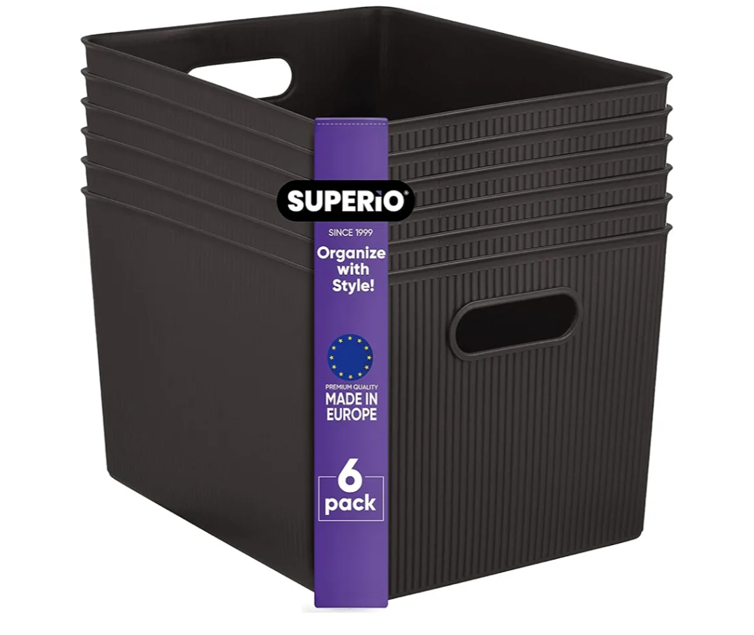 Superio Decorative Plastic Open Home Storage Bins Organizer Baskets, X-Large Brown (6 Pack) Container Boxes for Organizing Closet Shelves Drawer Shelf - Ribbed Collection 22 Liter/23 Quart