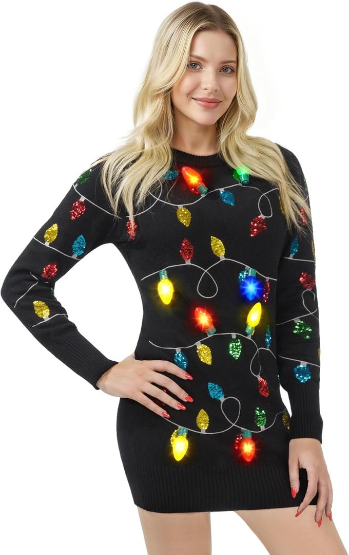 Giggling Getup Womens Light Up Ugly Christmas Sweater Dress with Light Up Bulb, Sweater Dresses for Women 2025 (Small)