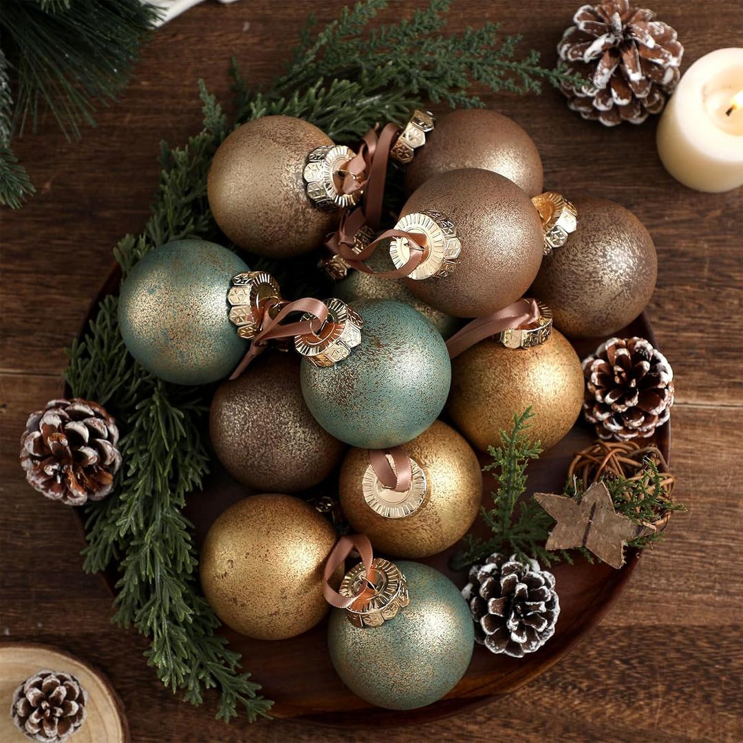 12 Pcs Neutral Textured Christmas Ball Ornaments 2.36'' Vintage Christmas Tree Decor Rustic Distressed Ornaments with Loop Shatterproof Hanging Ball for Farmhouse Xmas Decor (Nostalgic Color)