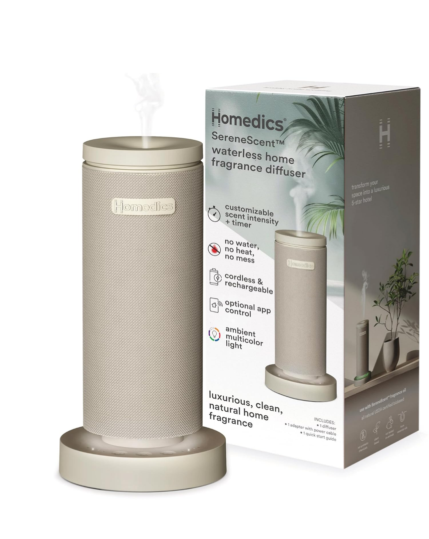 Homedics SereneScent Mini Fabric Rechargeable Waterless Diffuser, Cordless Aromatherapy Device, Use with SereneScent Oil 15ml (Sold Separately), Adjustable Mist Intensity & Ambient Light, Beige