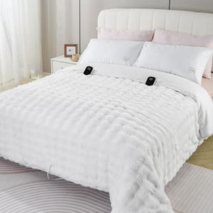 Heated Comforter Blanket King - Fast Heating Faux Fur Bubble Thick Comforter with 6 Heat Levels & 1-10 Hours Time Settings, Wireless LCD Controller, 90"x104", Cream (White)