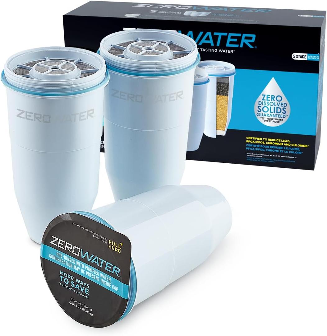 ZeroWater Official Replacement Filter - 5-Stage 0 TDS Filter Replacement - System IAPMO Certified to Reduce Lead, Chromium, and PFOA/PFOS, 3-Pack