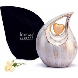 Teardrop Heart Urn for Human Ash| Cremation Urns Ashes |Urn for Human Ashes | Decorative Cremation Urn | Large | 2.5 Litre Capacity | White - Golden