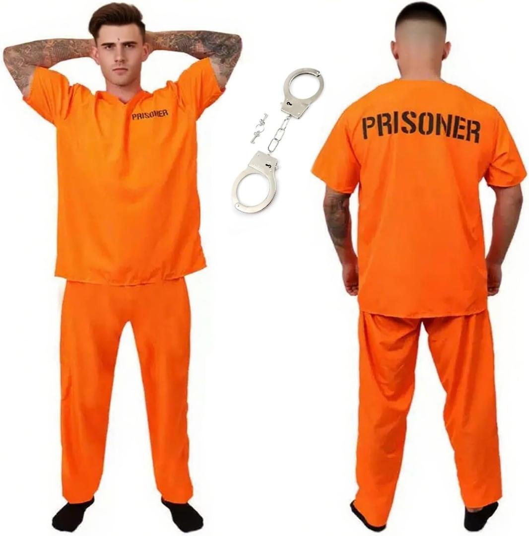 Kelpatol Prisoner Costume Orange Prisoner Jumpsuit Halloween Cosplay Outfit Prison Inmate Unisex with handcuffs (XX-Large)