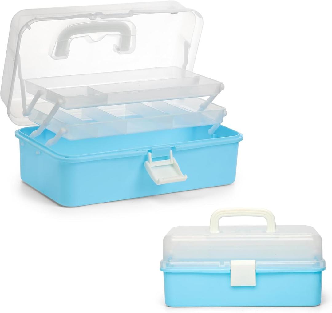 3-Layer Multipurpose Craft Organizers and Storage, Storage Box, Folding Tool Box, Portable Tackle Box, Folding Art & Craft Case, for Medicine, Tool, Sewing Organizer (Blue)