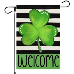 CROWNED BEAUTY St Patricks Day Shamrock Garden Flag 12x18 Inch Double Sided for Outside Small Burlap Welcome Green Clover Stripes Holiday Yard Flag, Pack 5