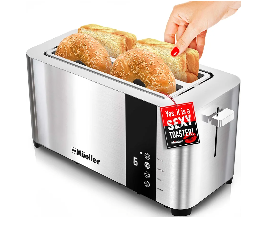 Mueller UltraToast Full Stainless Steel Toaster 4 Slice, Long Extra-Wide Slots for Bagels and Waffles, 6 Browning Levels, LED Display, Cancel/Defrost/Reheat Functions & Removable Tray, Kitchen Gadgets