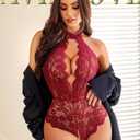 Avidlove Lingerie for Women Halter Lace Bodysuit V Neck Teddy One Piece Babydoll Nightgown (Red, XL)