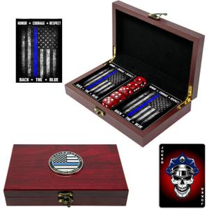 Military Gift Shop Police Officer Playing Cards & Dice in Wooden Keepsake Box - Thin Blue Line Flag - Police Officer Gifts | Police Card Set