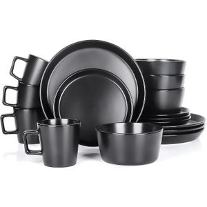 Plates and Bowls Sets, 16 Pieces Dinnerware Sets, Service For 4, Black