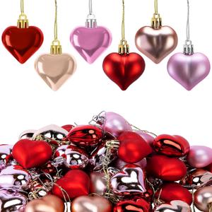 Iceyyyy 60Pcs Valentine's Day Heart Ornaments-Valentine's Mother's Day Heart Baubles Shaped Hanging Ornaments Decoration for Valentine Tree Wedding Anniversary Party (Red, Pink, Rose Gold)