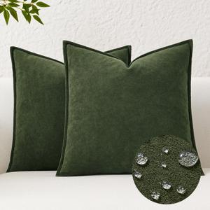 Kevin Textile Spring Waterproof Decorative Pillow Covers Moss Green 24x24 Inch Pack of 2 Soft Boucle Textured Euro Pillowcases Elegant Accent Pillows for Couch Sofa Chair Bed Indoor Outdoor