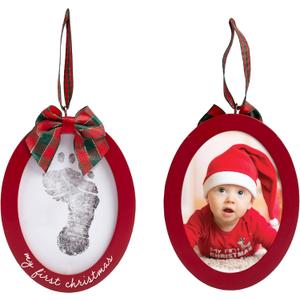 Pearhead Babyprints Double-Sided Christmas Ornament, First Holiday Keepsake Frame with Clean-Touch Ink Pad, Newborn Handprint Footprint Kit, Infant Photo Decoration, Red (1-Pack)
