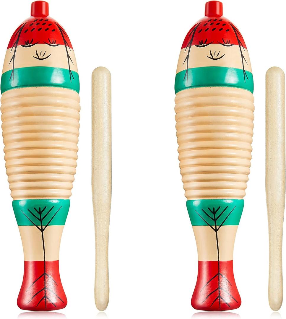 2 Pieces Colorful Fish Shaped Guiro Instrument Latin Musical Wooden Frog Instrument Musical Percussion for Adults with Rhythm Sticks