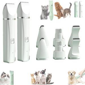 Tickle Paw 4 in 1 Electric Pet Grooming Kit, Rechargeable Low Noise Cat Hair Trimmer, Clippers, Nail Grinder for Cats & Dogs, Quiet Small Dog Shaver, with 4 Guide Combs (White)