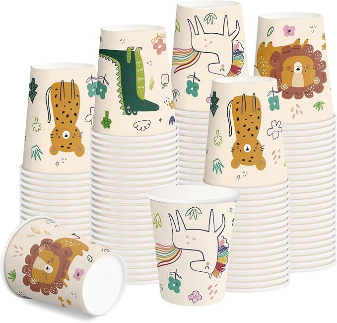 RUSPEPA 9 oz Disposable Paper Cups - 100 Pack Cartoon Pattern Coffee Cups, Thick Paper Style for Hot/Cold Drinks, Home Office Supplies