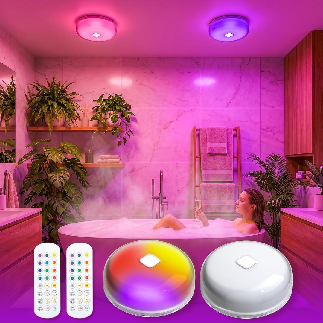 2-Pack LED Rechargeable Ceiling Lights Bulbs Inside Shower Bathroom Decor Lamp Magnetic Waterproof Mood Wall Lighting Wireless Ambient Closet Light with Remote Battery Operated Bath Stair Indoor