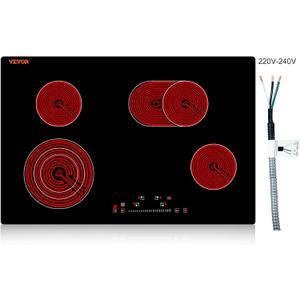 VEVOR Built in Electric Stove Top, 30 inch 4 Burners Ceramic Cooktop, 240V Glass Radiant Cooktop with Sensor Touch Control, Timer & Child Lock Included, 9 Power Levels for Simmer Steam Slow Cook Fry