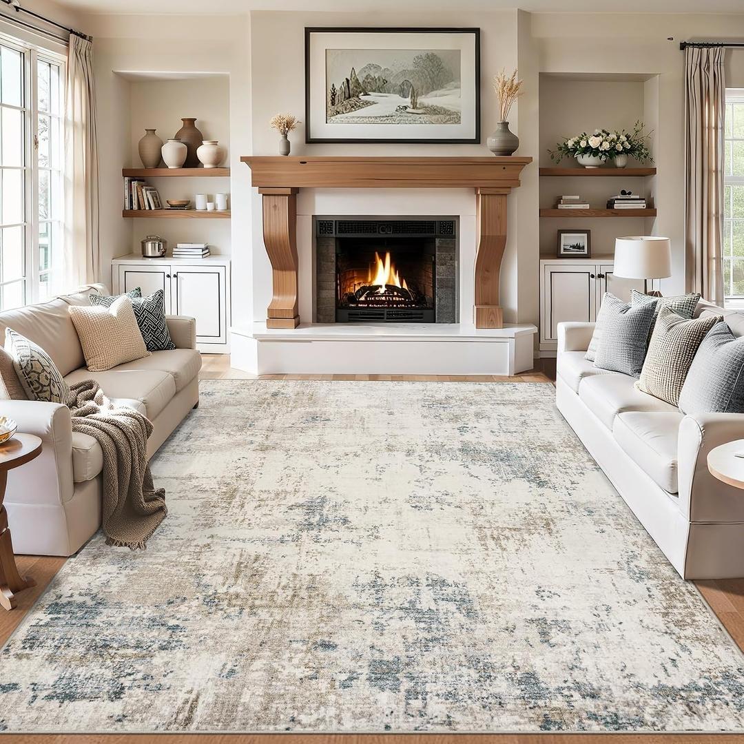 9x12 Area Rug Living Room: Modern Abstract Washable Carpet Beige