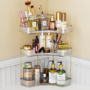 3-Tier Corner Bathroom Counter Organizer Makeup Cosmetic Storage, Tool-Free Installation Acrylic Vanity Shelf, Countertop Storage Organizers Perfume Tray for Bathroom, Dresser, Kitchen (Clear) (9" x 9" x 20.5")