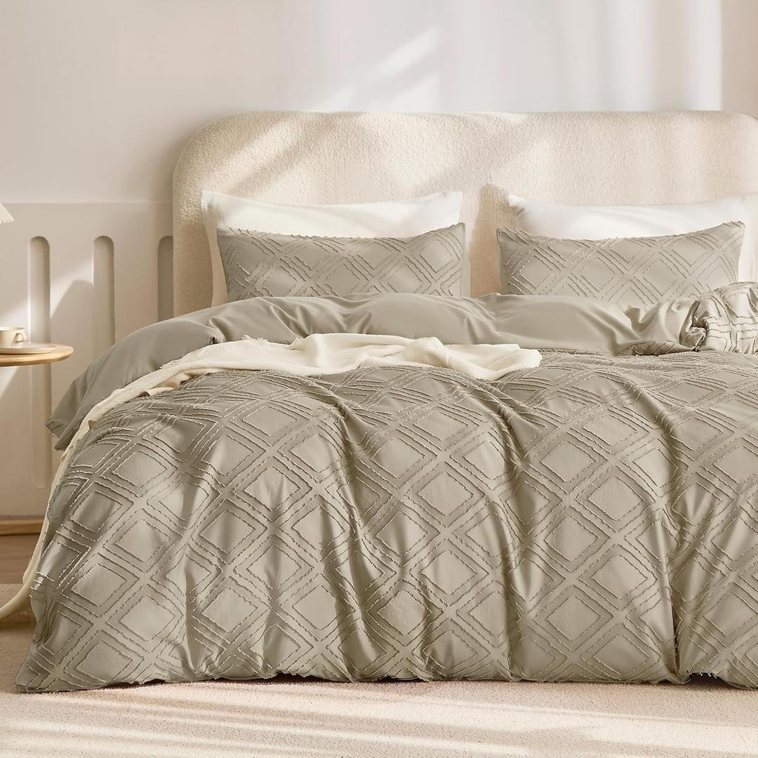 JELLYMONI Duvet Cover King Size Khaki - 3PCS Boho Duvet Cover Set Plaid Polyester Tufted Bohemian Jacquard Knit Textured Comforter Cover 10490in Rhombic Geometric Pattern Zipper Corner Tie