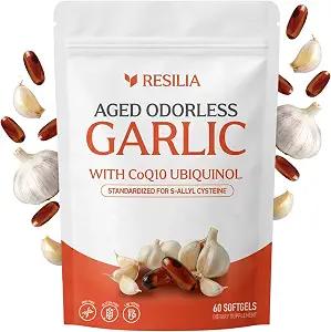 Resilia Garlic Extract 600mg Softgels (60ct) – Odorless Aged Garlic with CoQ10 Ubiquinol & Vitamin K2 as MK-7 – 20-Month Matured, Standardized for S-Allyl Cysteine - Heart & Immune Support,5/15/2028