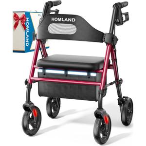 HOMLAND Foldable Rollator Walkers with Seat for Seniors, 8'' Big Wheels, 350 lb. Weight Capacity, Adjustable Handles and Seat Height, Lightweight Rolling Walker, Red