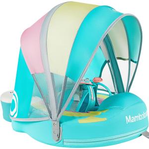 Mambobaby Non-Inflatable Baby Pool Float with Tail and Canopy UPF 50+ Sun Protection No Flip Over Infant Swim Float Skin-Friendly Mambo Float Swim Trainer Solid Baby Swimming Ring (Rainbow Green)