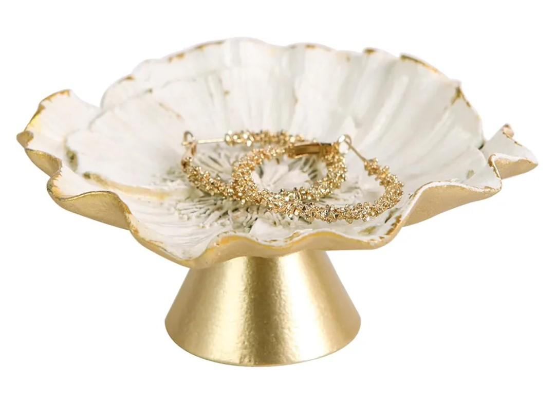 NIKKY HOME Small Vintage Ring Holder Jewelry Dish, Flower Shaped Trinket Display Decorative Metal Tray Classy Birthday Christmas Gifts for Women Girls, White