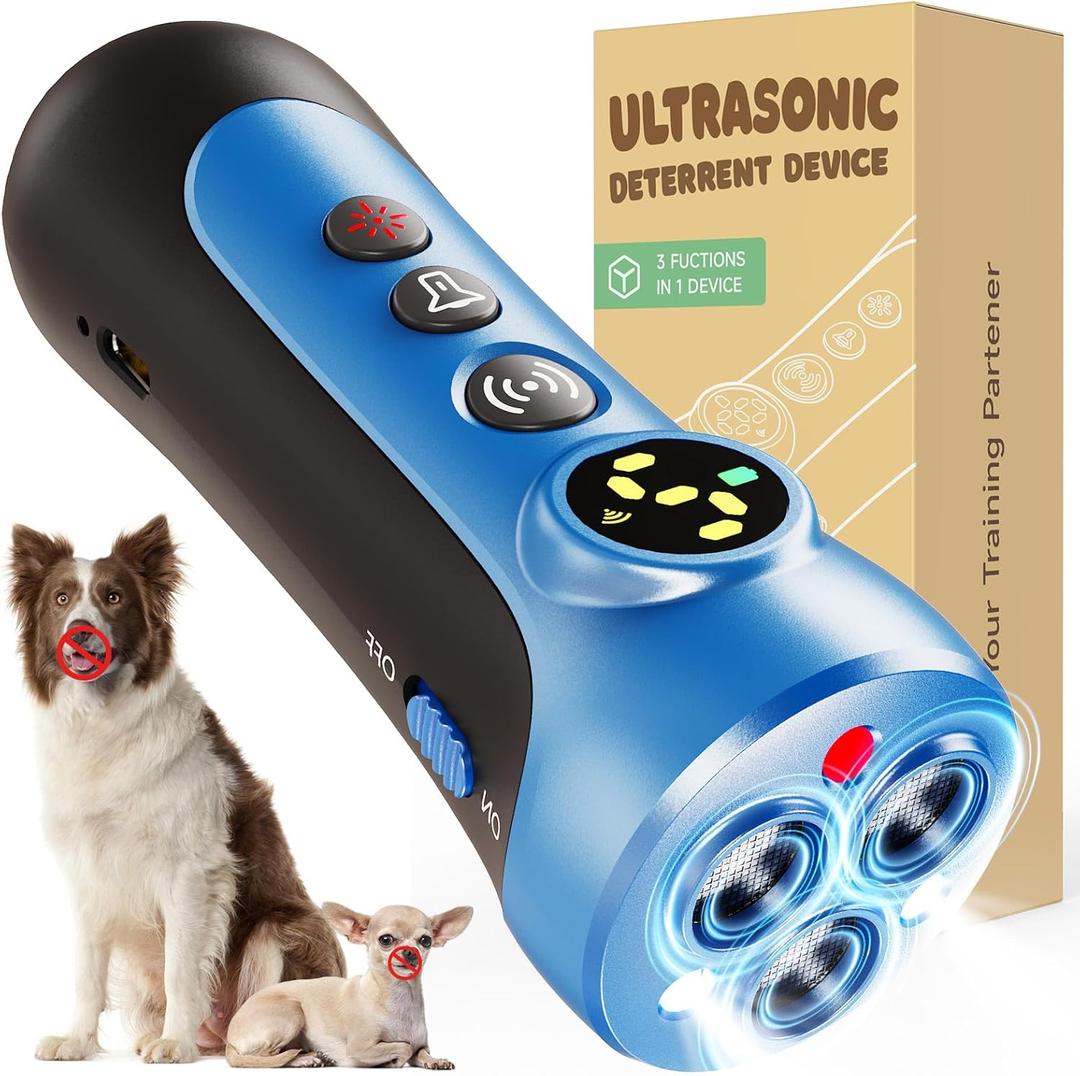 Dog Bark Deterrent Device - 3X Ultrasonic Anti-Bark Device with 5 Adjustable Levels, 30ft Range for Indoor/Outdoor Use Rechargeable & Portable for Your or Neighbor's Dog with Flashlight (Blue)