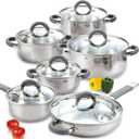 Cook N Home Kitchen Cookware Set, 12-Piece Basics Stainless Steel Pots and Pans Set with Grey Silicone Handle, Silver