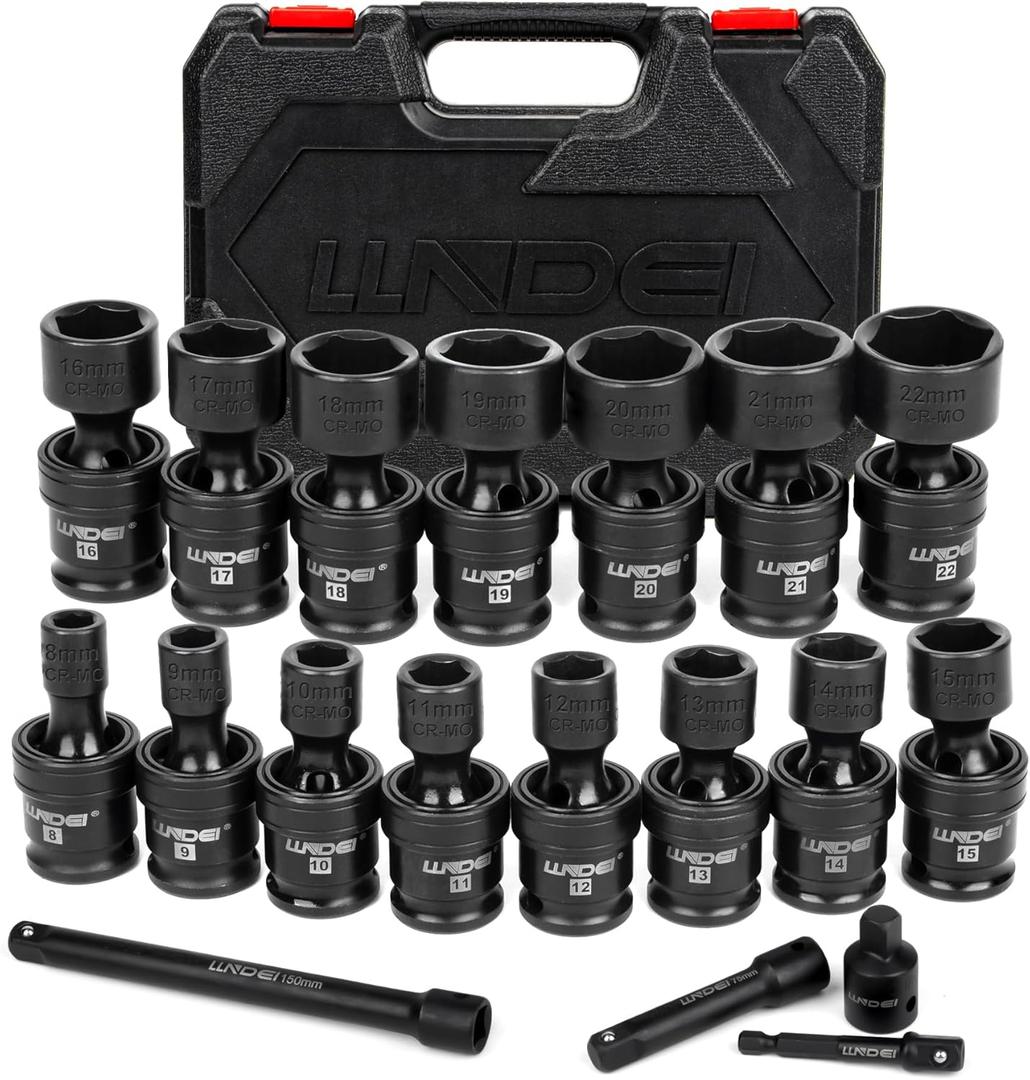 LLNDEI 3/8" Drive Universal Impact Socket Set, 19 Pieces CR-MO Swivel Socket Set, Metric(8-22mm) Wobble Sockets 6 Point with Extension Bars, Adapter and Black Organizer