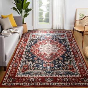 YJ.GWL Large Area Rug for Living Room, 5x8 Machine Washable Boho Rug for Bedroom, Low Pile Lightweight Thin Rugs Floral Vintage Distress Print Pattern Carpet for Dining Room, Red