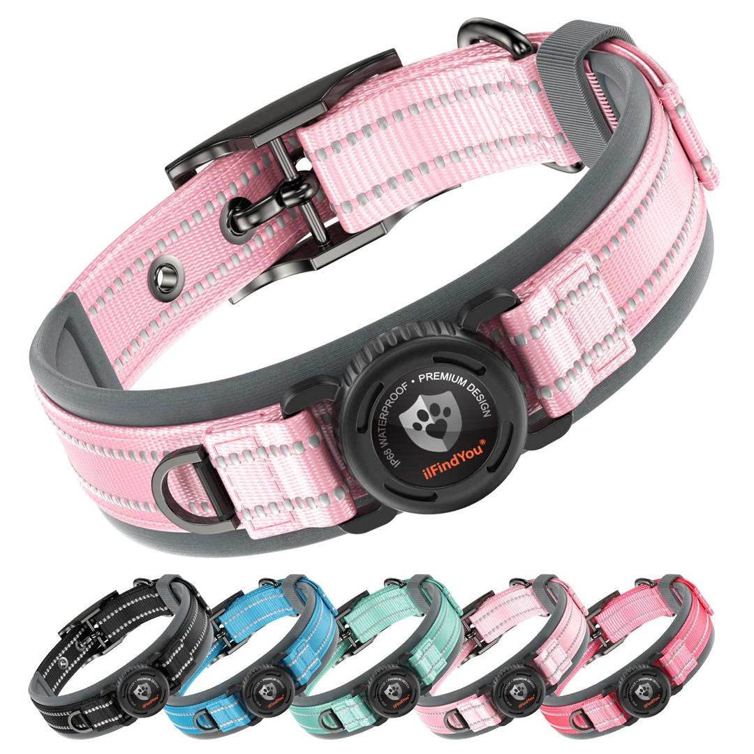 Waterproof Airtag Dog Collar - Nylon Collar with Durable Airtag Holder, Reflective&Anti-Lost with Safety Metal Buckle, Soft Padded Adjustable for Small Medium Large Dogs Pink S