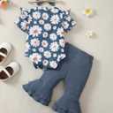 SUNNY PIGGY Baby Girl Clothes Newborn Outfits Ruffle Floral Romper Flared Pants 3Pcs for Infant 0 3 6 9 12 18 24 Months (Blue)