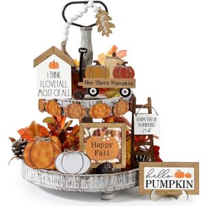 18 Pcs Fall Thanksgiving Tiered Tray Decor Set Pumpkin Wood Sign Hello Fall Rustic Farmhouse Tray Decoration Tabletop Sign for Autumn Home Kitchen Festival (Classic Pumpkin)